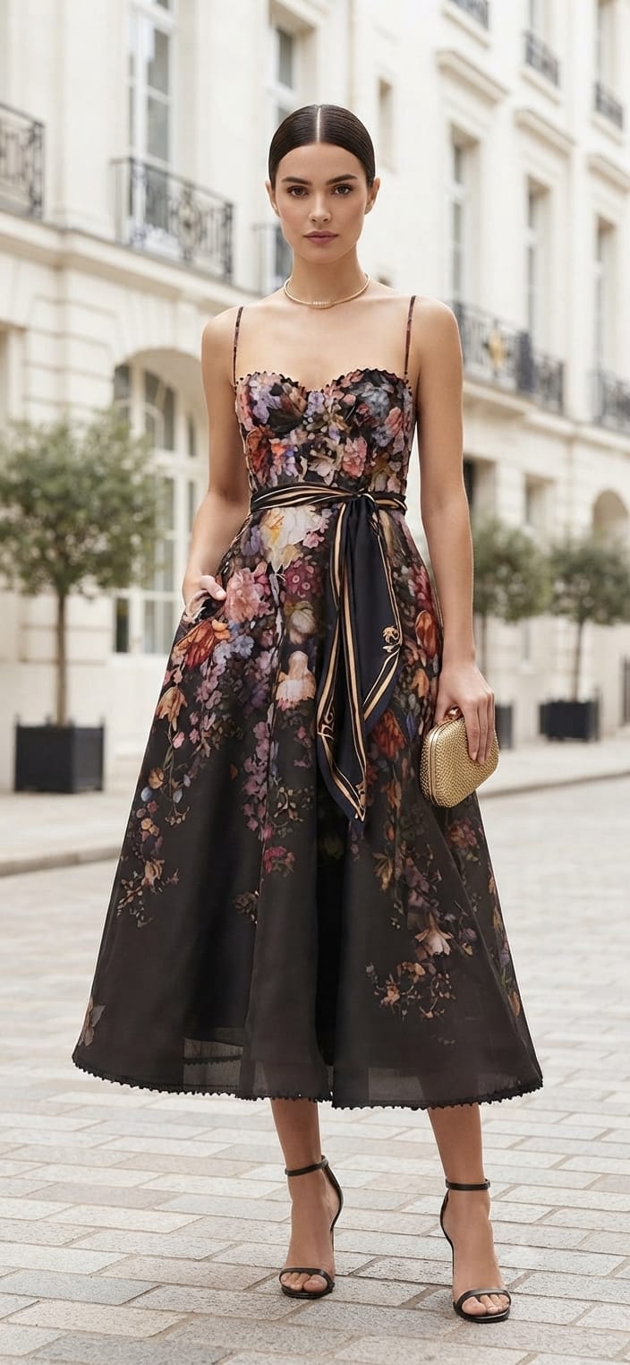 Vestido negro tirantes floreado