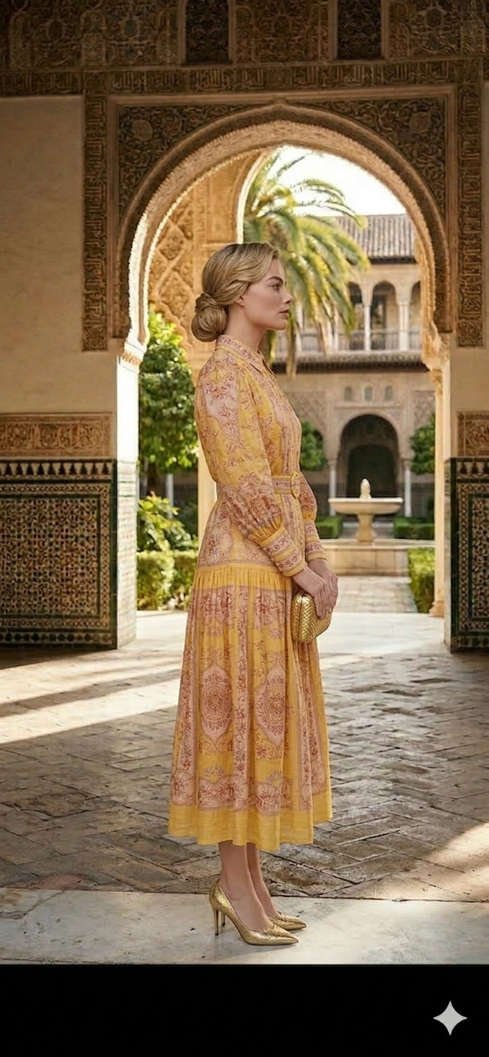 Vestido amarillo estampado midi