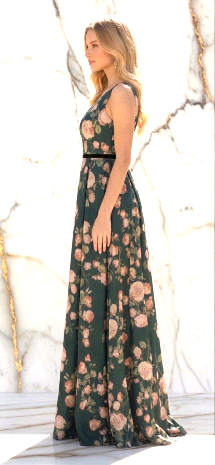 Vestido verde con estampado floral rosas