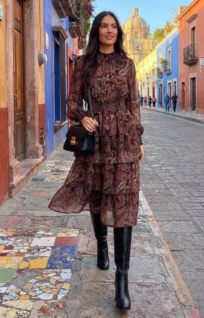Vestido café estampado midi