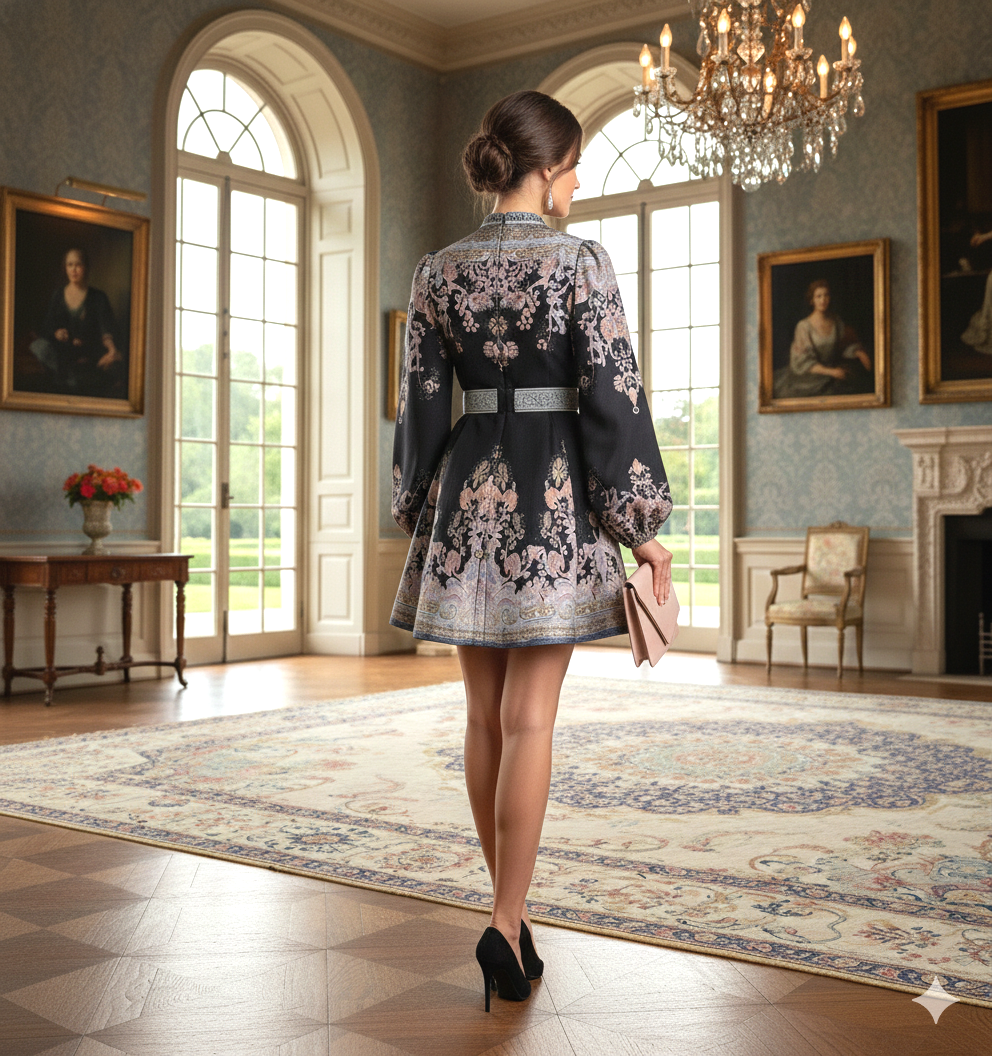 Vestido negro, con estampado, corto, manga larga