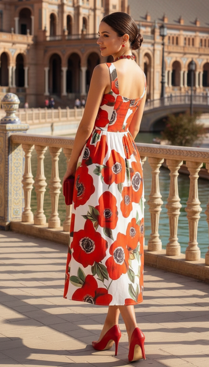 Vestido floral rojo blanco