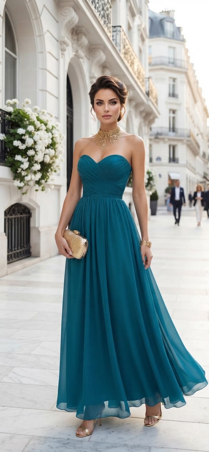 Vestido strapless azul petróleo