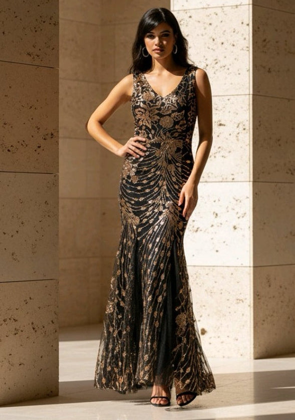 Vestido de sirena de malla con lentejuelas de vid floral en bronce