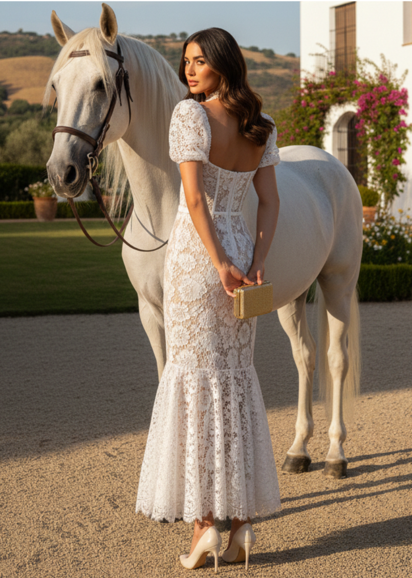 Vestido gipiur midi blanco nude
