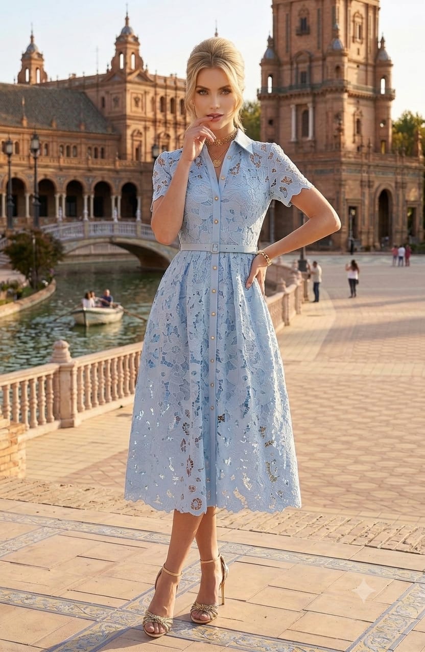 Vestido gipiur midi, manga corta, cinturón rosa, azul claro y crema