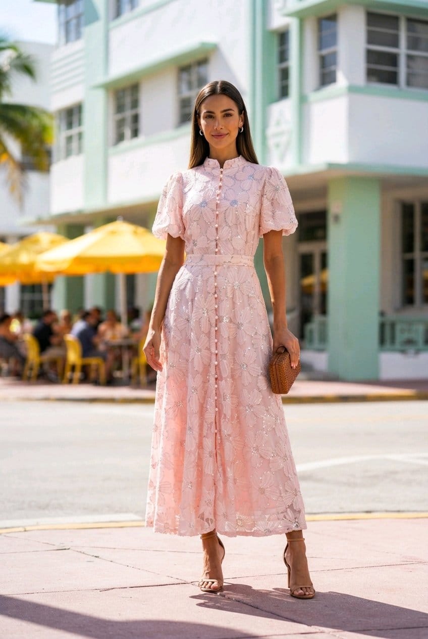 Vestido beige flores grabadas