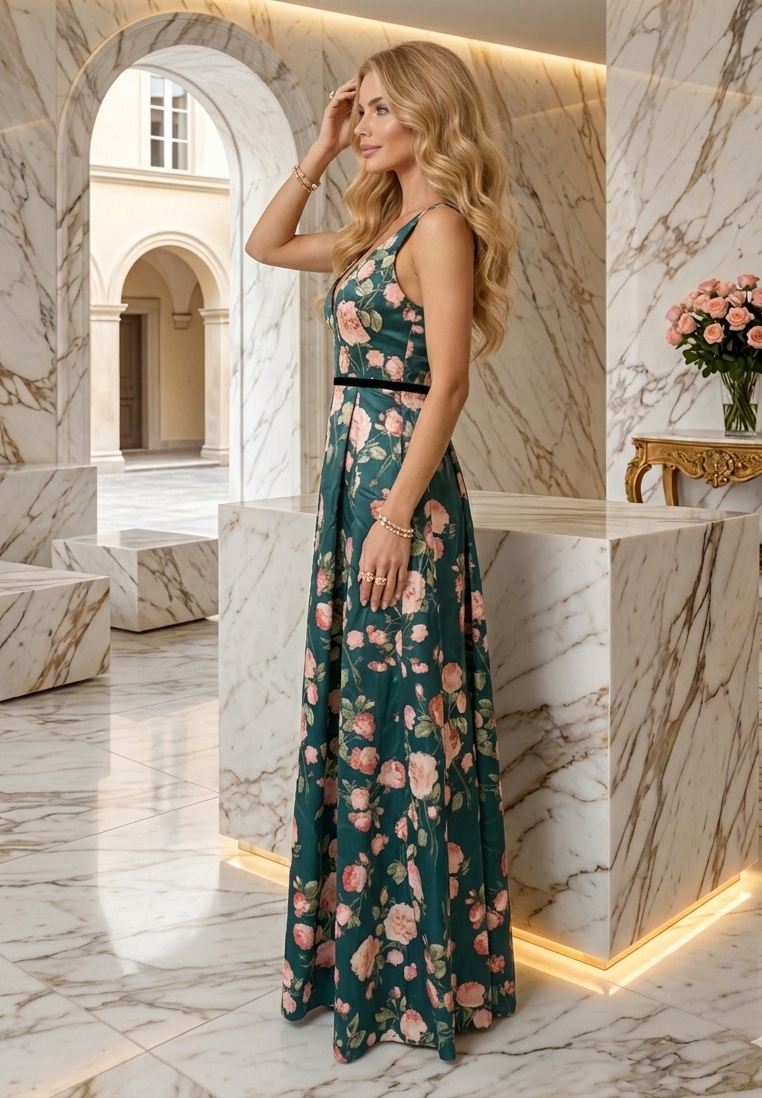 Vestido verde con estampado floral rosas