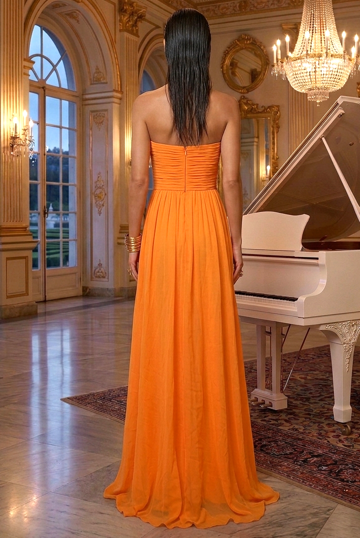 Vestido mandarina largo, straples