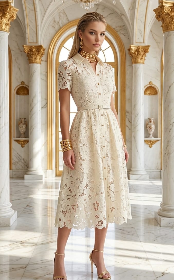 Vestido gipiur midi, manga corta, cinturón rosa, azul claro y crema