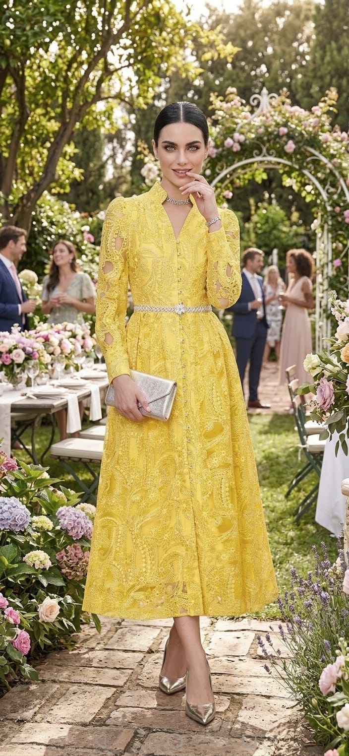 Vestido amarillo suave midi, cinturón perlas