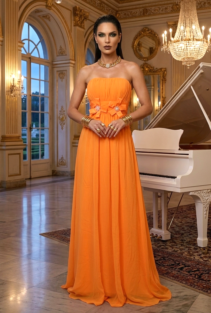 Vestido mandarina largo, straples