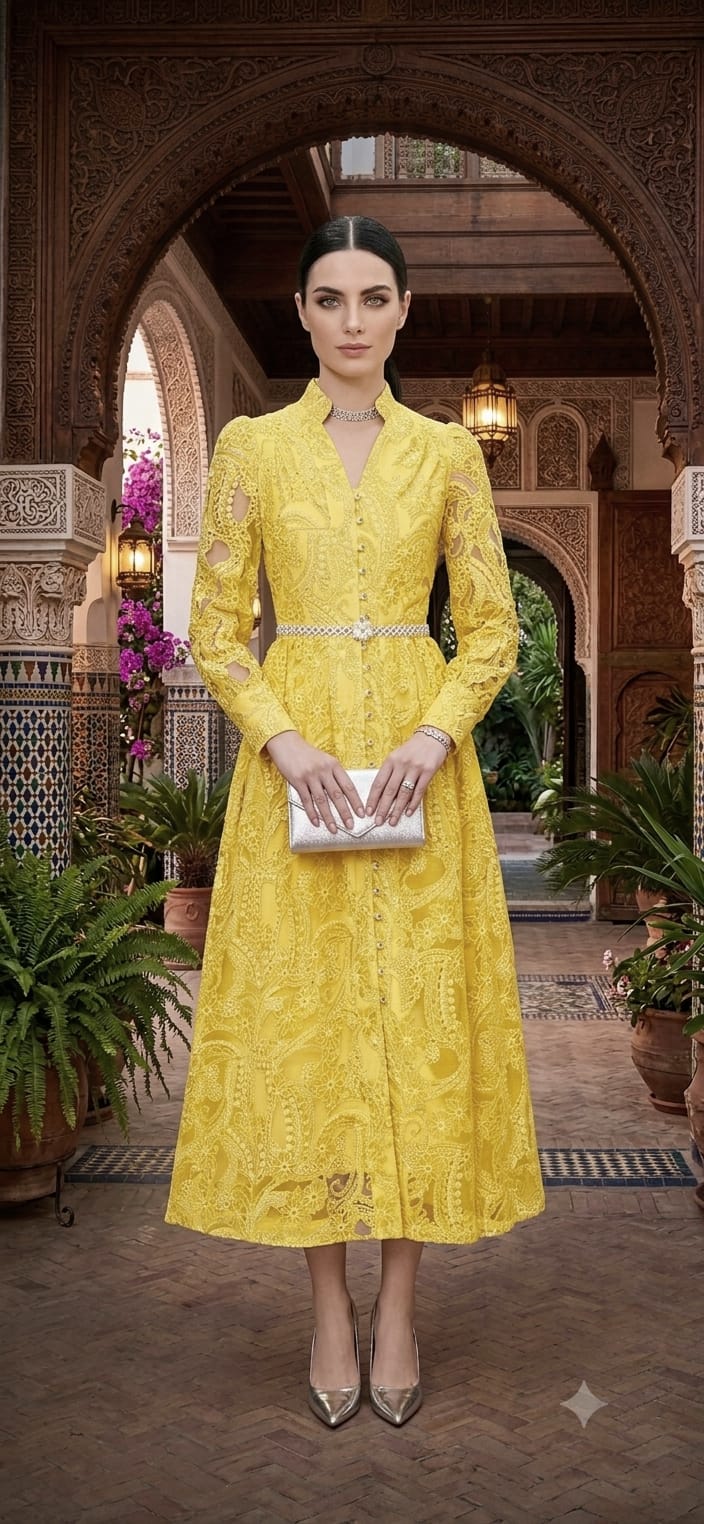 Vestido amarillo suave midi, cinturón perlas