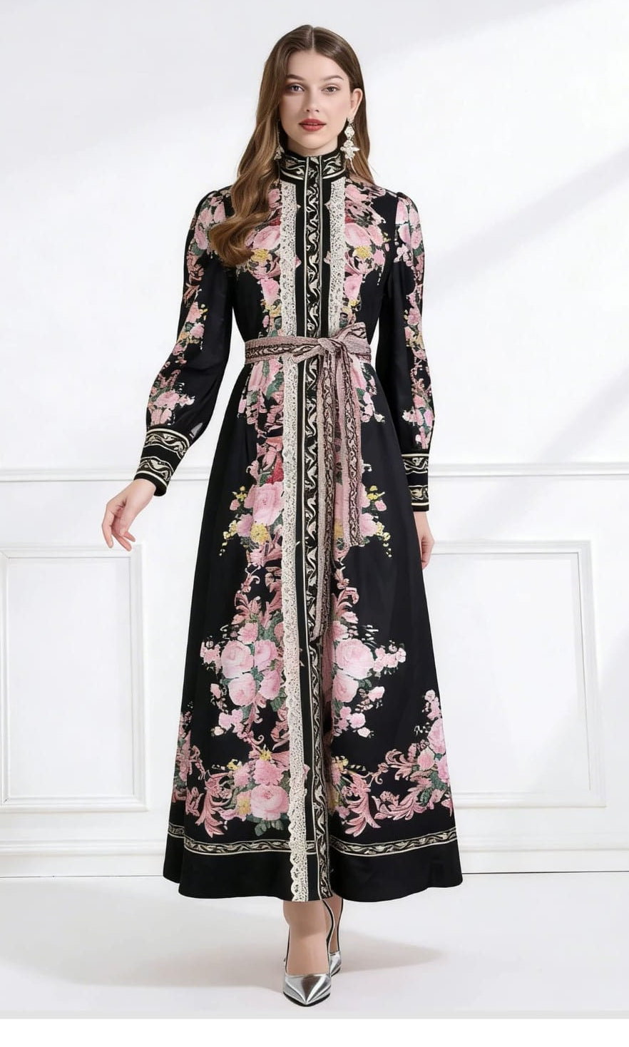 Vestido negro midi estampado flores rosas
