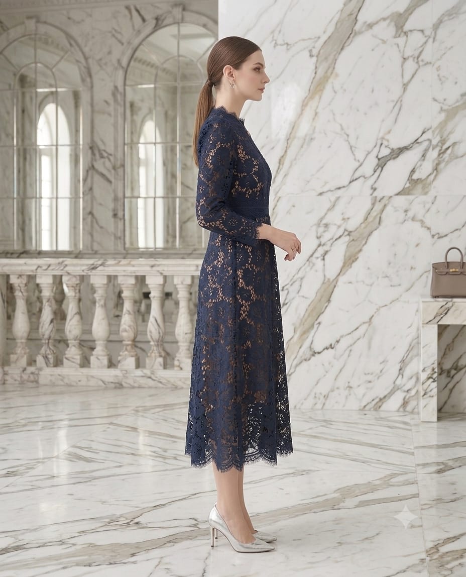 Vestido azul marino midi manga larga