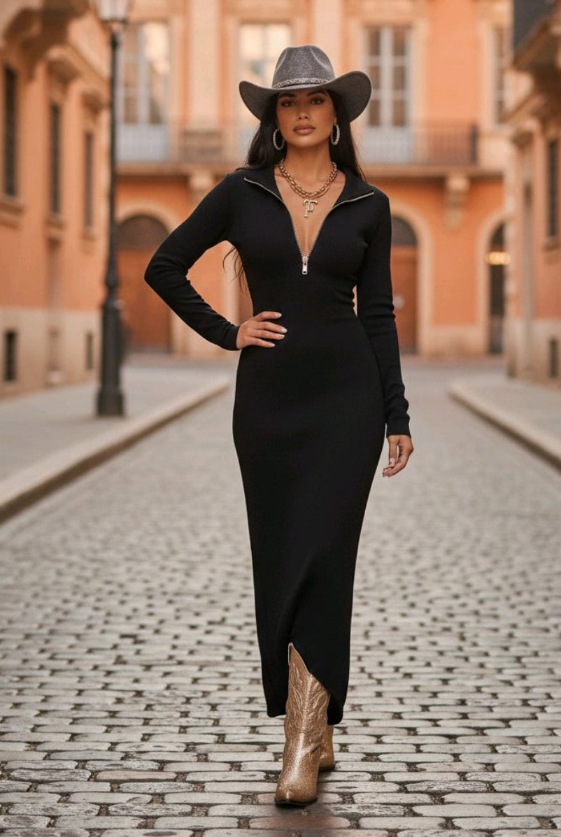 Vestido negro cierre al frente