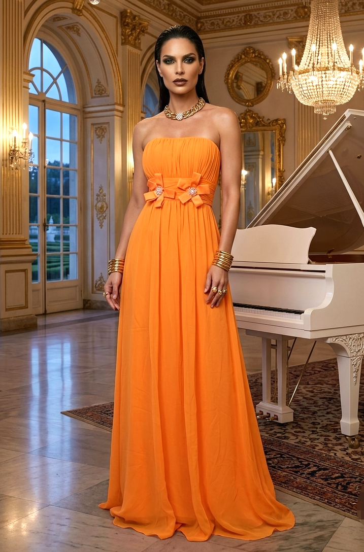 Vestido mandarina largo, straples