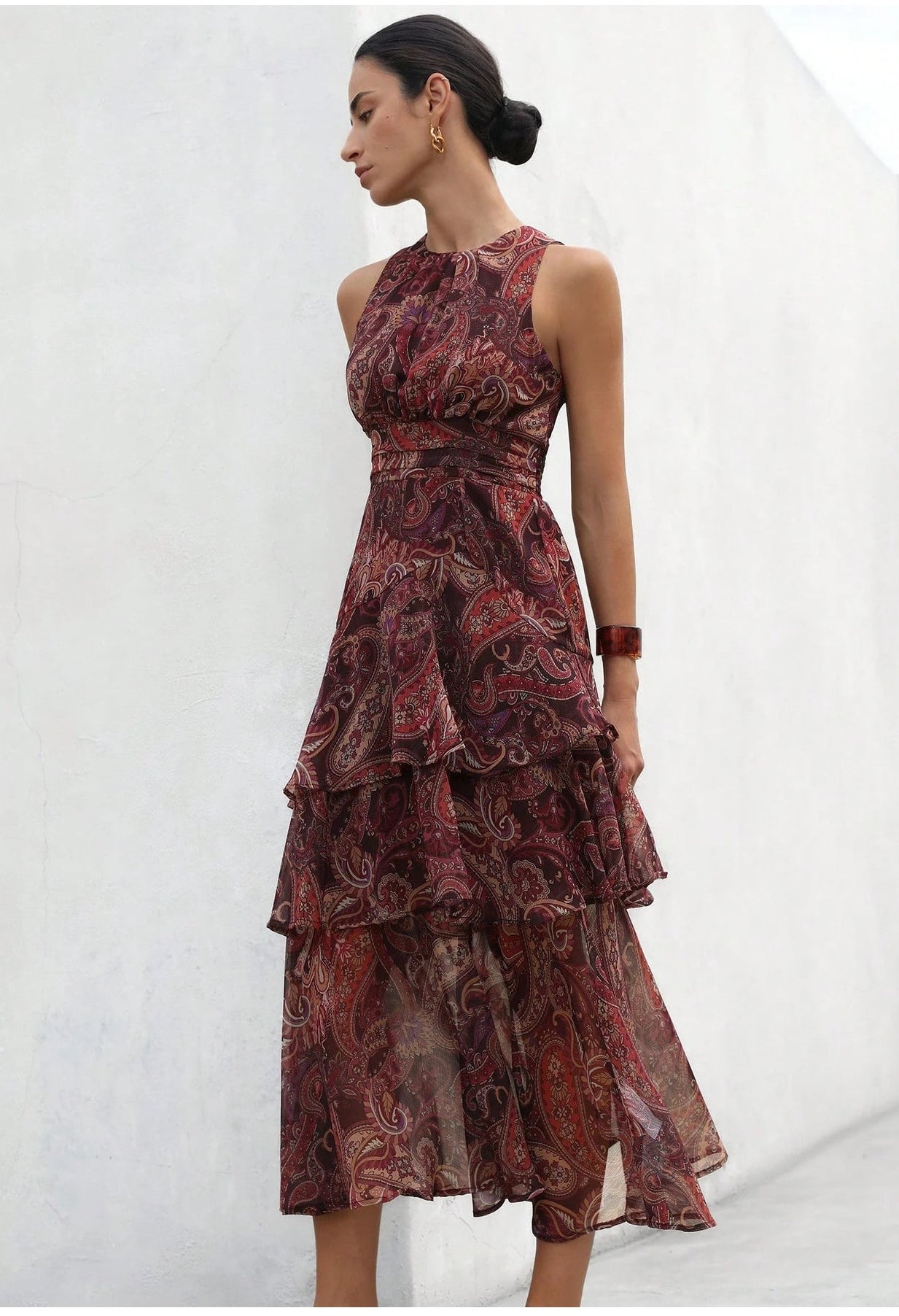 Vestido boho cafe estampado sin mangas