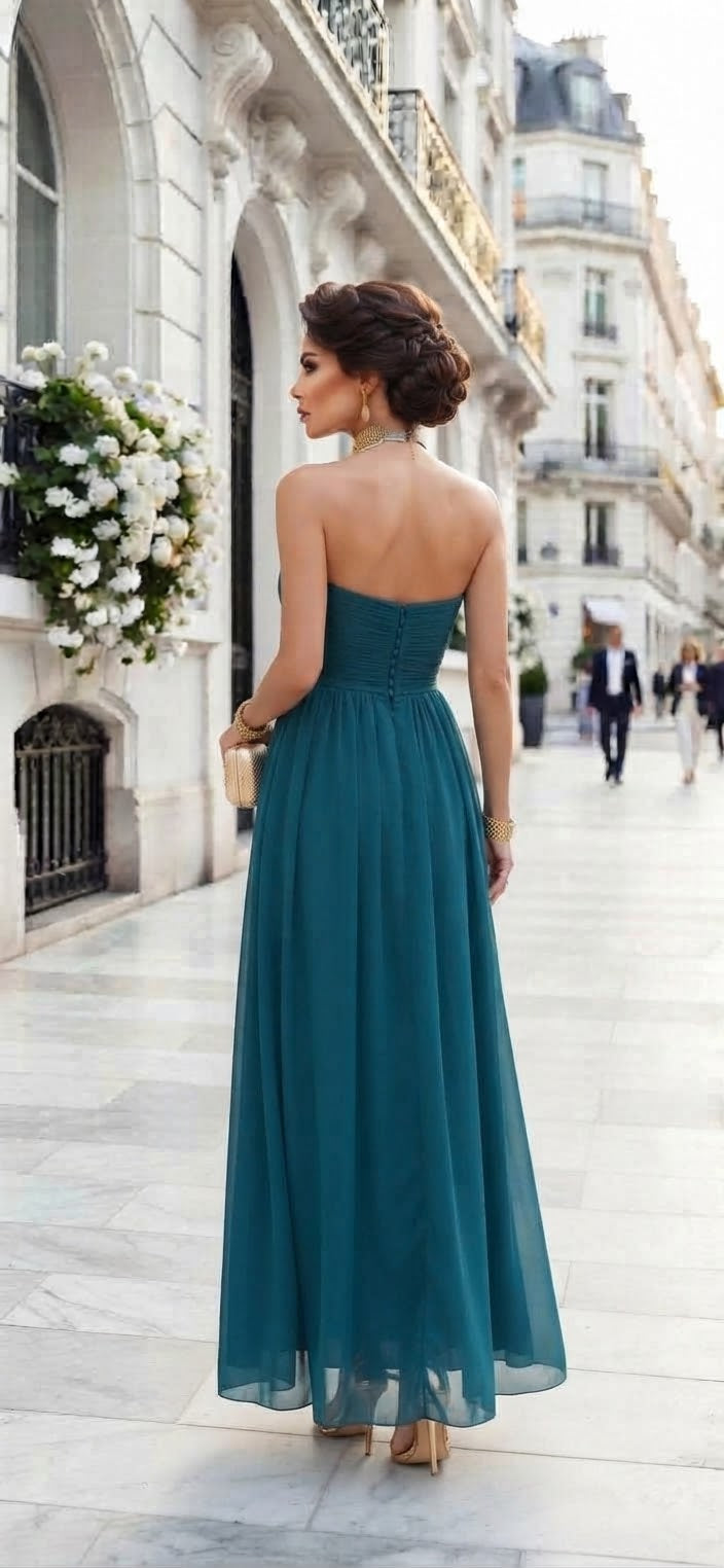 Vestido strapless azul petróleo