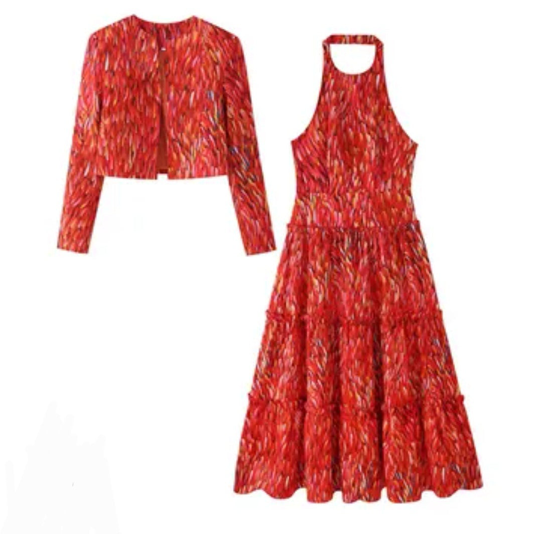 Set de vestido y jacket estampado naranja
