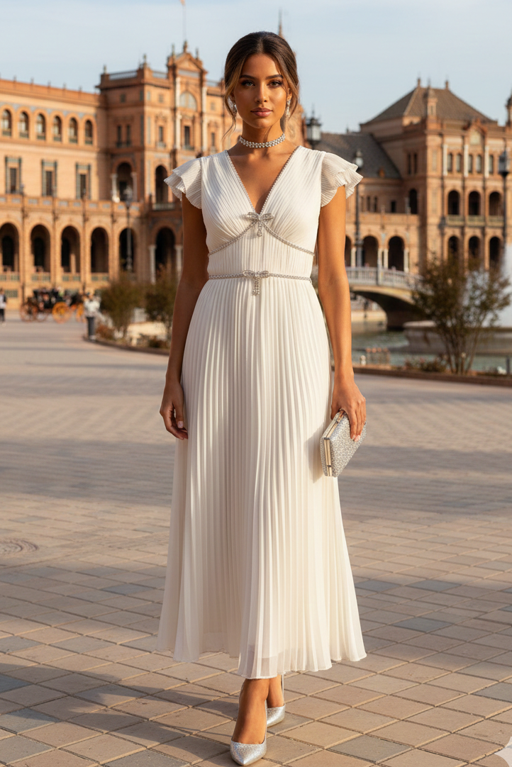 Vestido midi plisado hueso