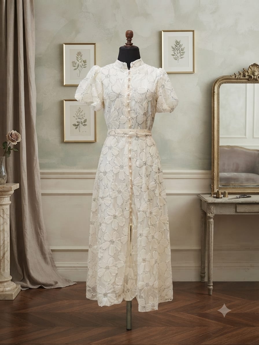 Vestido beige flores grabadas