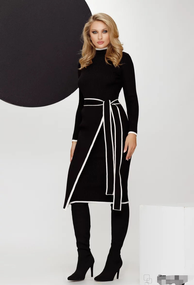 Vestido tejido negro cinturon orilla blanco