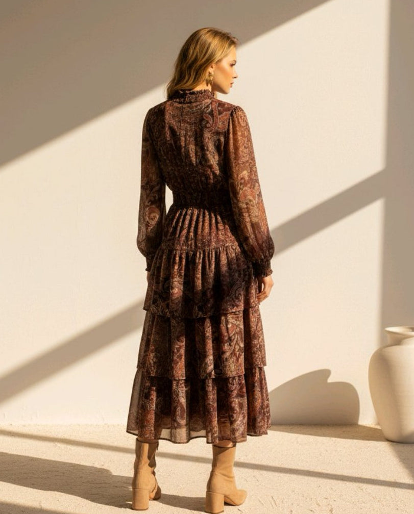 Vestido boho café estampado