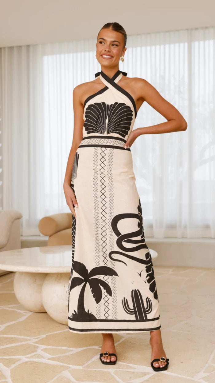 Vestido halter beige negro midi