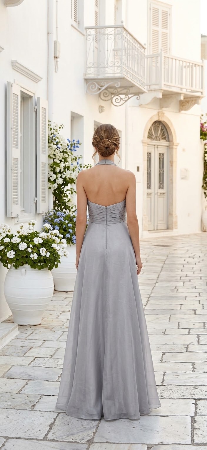 Vestido halter gris plata