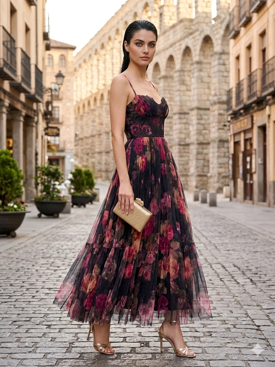 Vestido cocktail tirantes plisado estampado