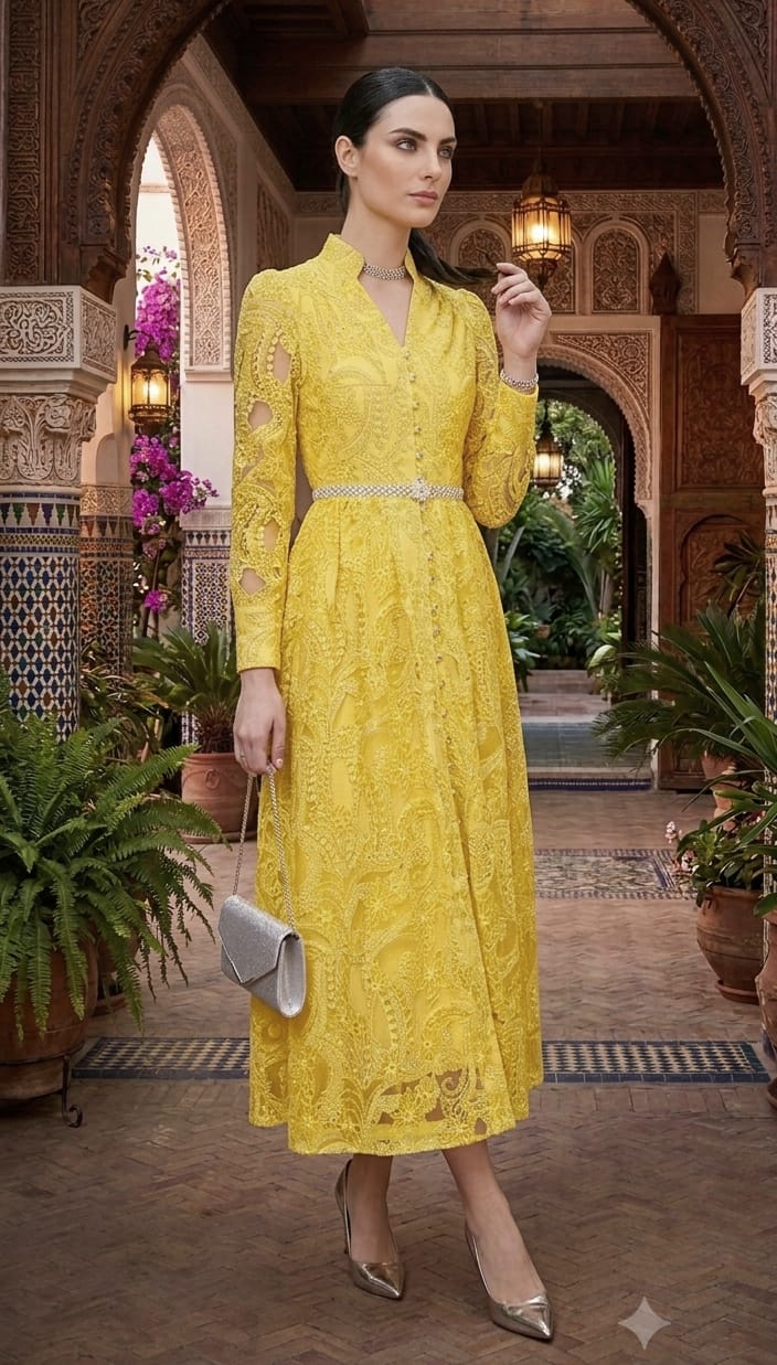 Vestido amarillo suave midi, cinturón perlas
