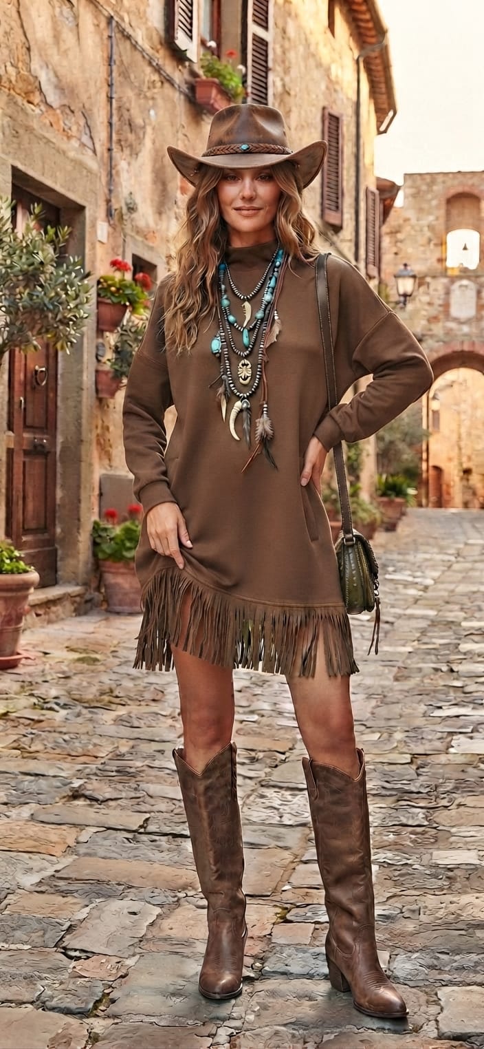 Vestido café flecos