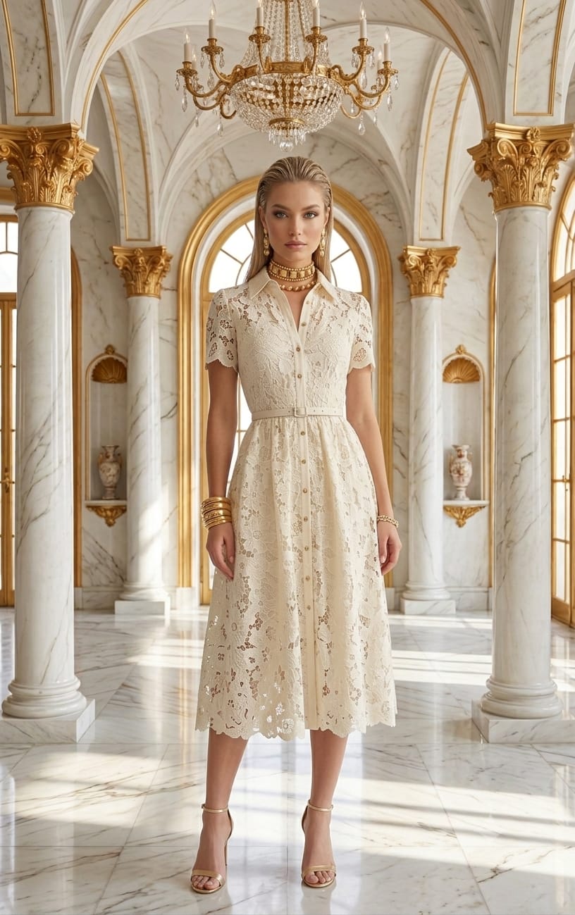 Vestido gipiur midi, manga corta, cinturón rosa, azul claro y crema