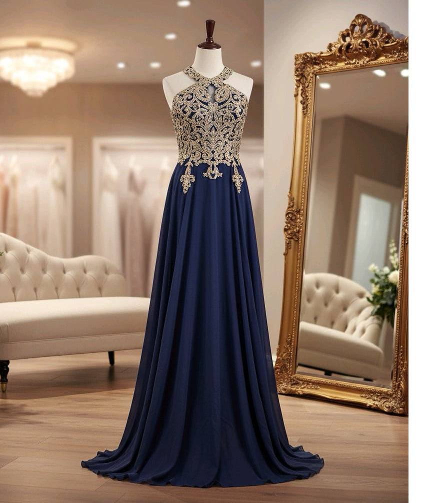 Vestido luxury azul marino con pedreria