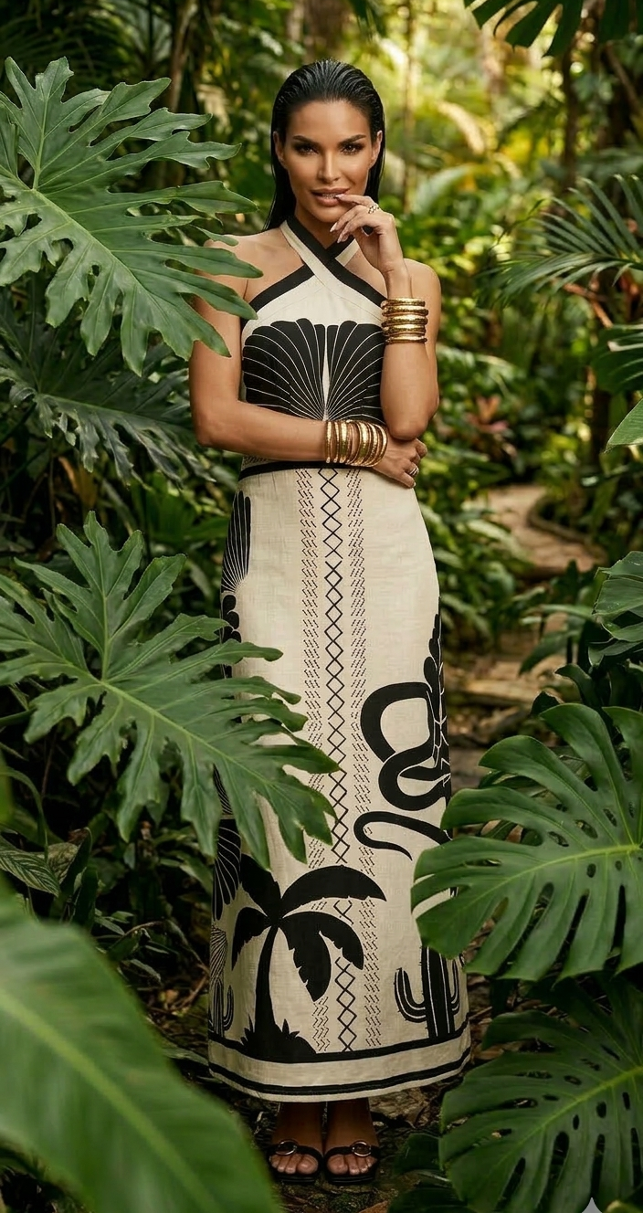 Vestido halter beige negro midi