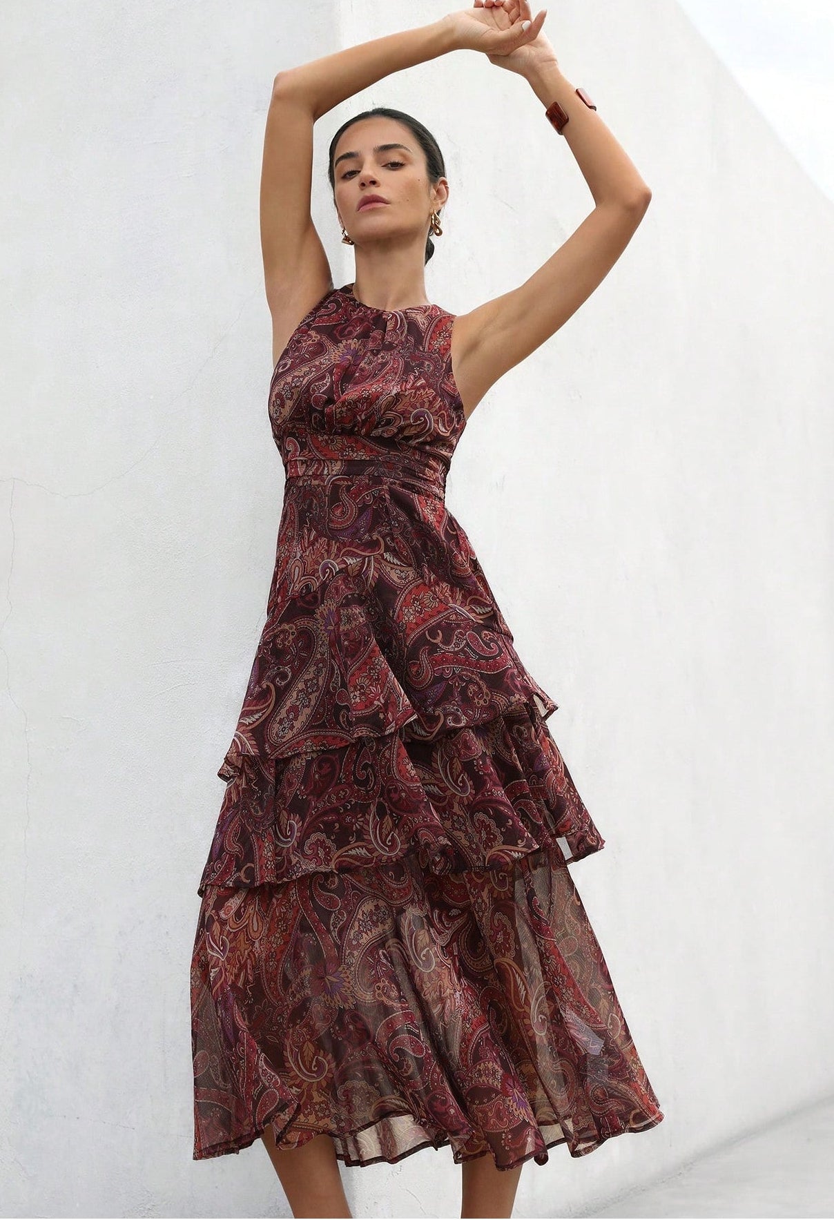 Vestido boho cafe estampado sin mangas