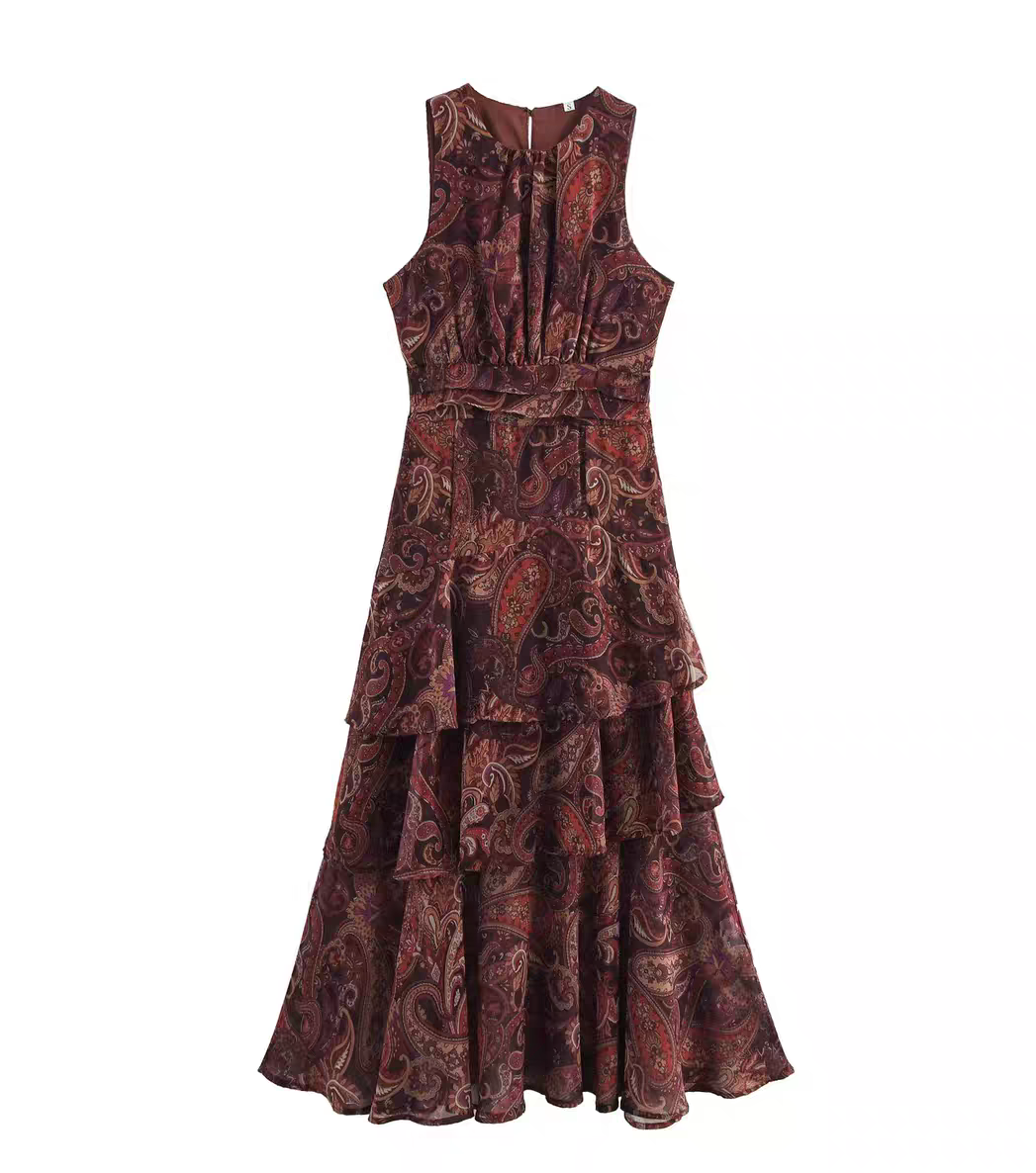 Vestido boho cafe estampado sin mangas