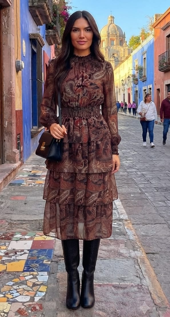 Vestido café estampado midi