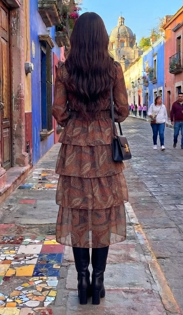 Vestido café estampado midi