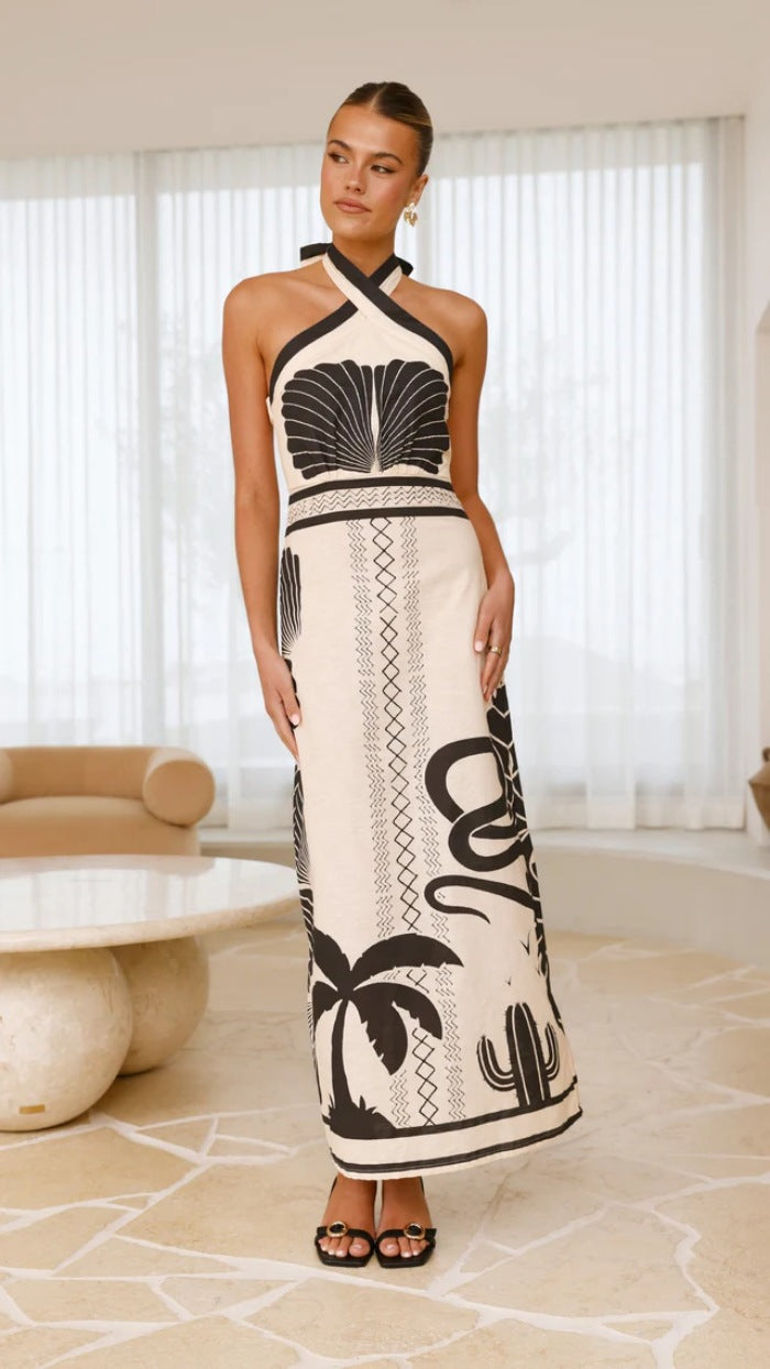 Vestido halter beige negro midi