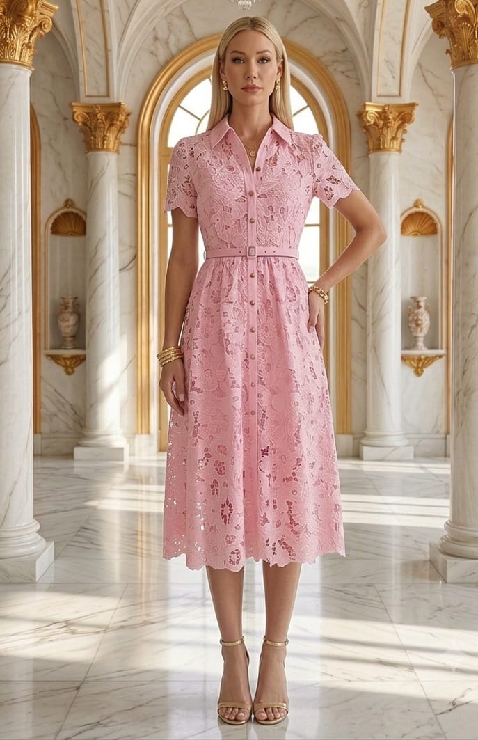 Vestido gipiur midi, manga corta, cinturón rosa, azul claro y crema