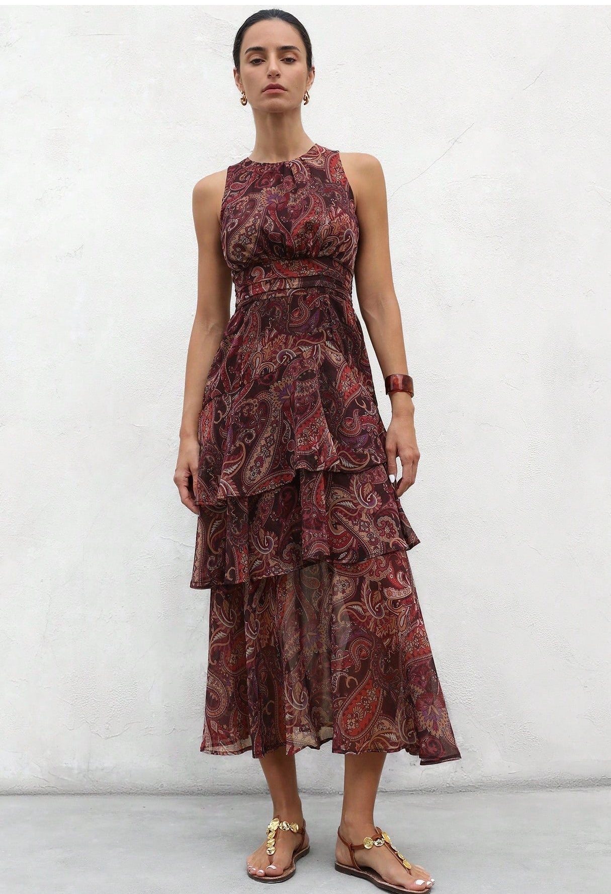 Vestido boho cafe estampado sin mangas