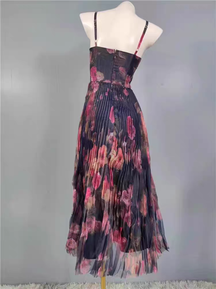 Vestido cocktail tirantes plisado estampado