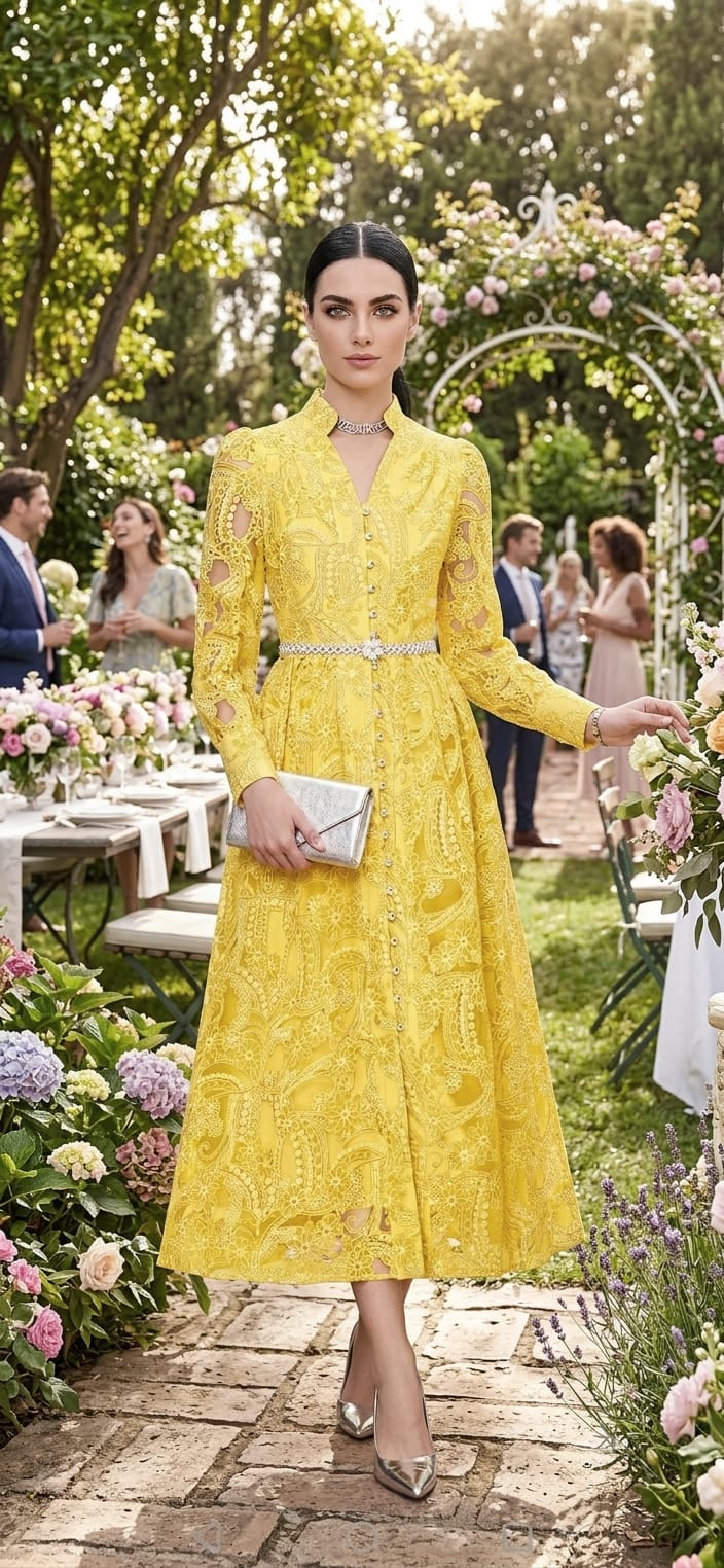 Vestido amarillo suave midi, cinturón perlas