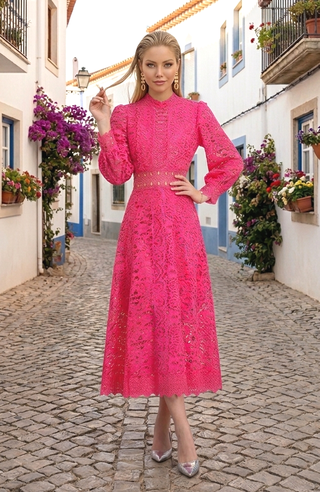 Vestido fiusha midi manga larga gipiur