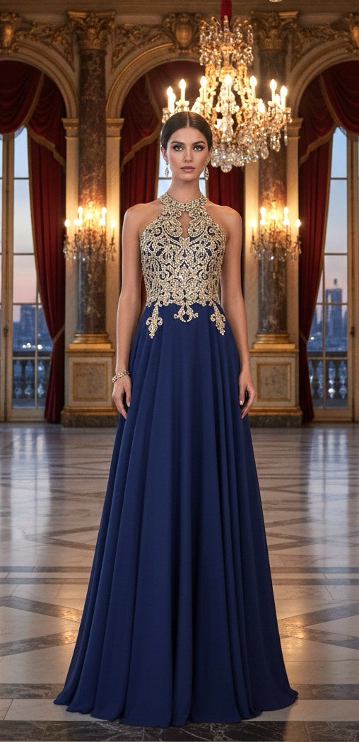 Vestido luxury azul marino con pedreria