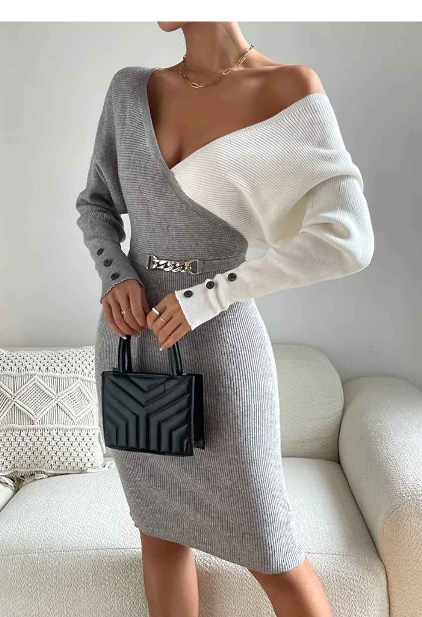 Vestido tejido gris con blanco