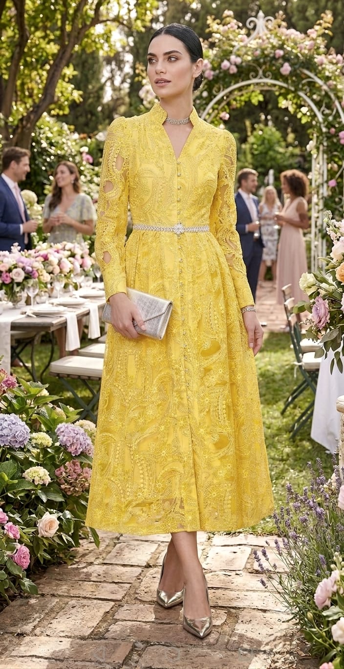 Vestido amarillo suave midi, cinturón perlas