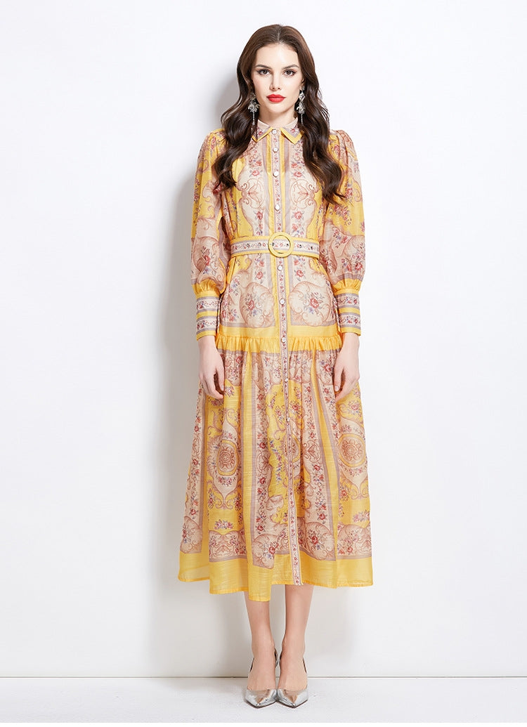 Vestido amarillo estampado midi